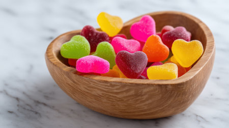 Brightly colored heart-shaped candies are scattered in a smooth wooden bowl.の素材
