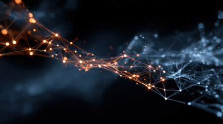 Colorful glowing lines and nodes create a dynamic network in a dark setting. The scene evokes a sense of motion and connection capturing digital energy and modern design.の素材