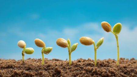 Seeds sprout in warm soil reaching towards the clear blue sky on a sunny day.の素材