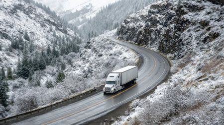 A truck drives along a winding road amidst snowy mountains and frost covered trees.の素材