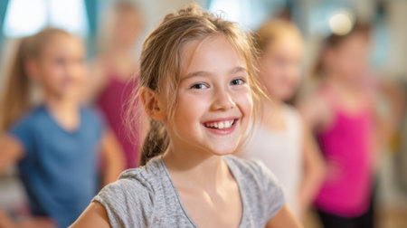 Young girl beams joyfully while participating in a dance class surrounded by friends.の素材