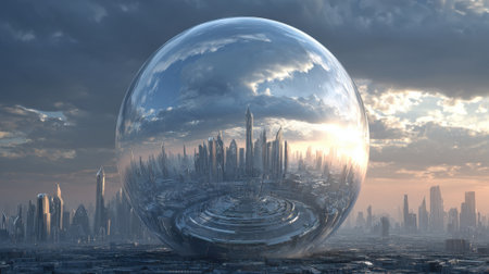 A stunning futuristic city is encapsulated within a large transparent dome. The skyline features tall buildings reflecting the warm colors of the sunset creating a dreamlike atmosphere.の素材