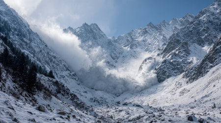 Snow cascades down the mountain slopes as an avalanche thunders through the valley below capturing natures raw energy.の素材
