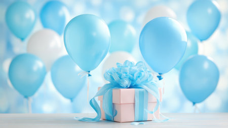 A beautifully wrapped gift box sits in front of blue and white balloons that float in the background. This colorful scene captures the joy of a special celebration perfect for birthdays or parties.の素材