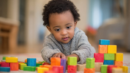 A young child explores a variety of colorful blocks on a soft rug showing joy and curiosity.の素材