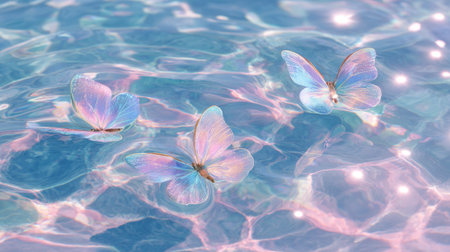 Soft pastel butterflies flutter gently above a sparkling blue water surface creating magic.の素材