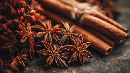 Cinnamon sticks and star anise are beautifully arranged on a dark surface showing rich brown colors and intricate patterns. The scene captures the essence of culinary spices.の素材