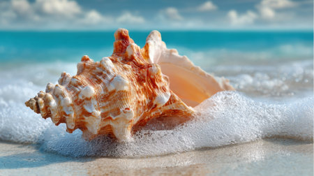 A colorful seashell lies on the soft sand while ocean waves gently touch its surface in a sunny paradise.の素材