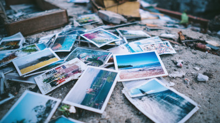 Old photographs are carelessly strewn across a weathered surface hinting at lost moments.の素材