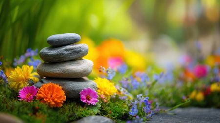 A stack of smooth stones rests on a bed of vibrant flowers in a peaceful garden. The scene captures the beauty of nature with bright colors and a calm atmosphere.の素材