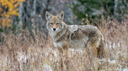 A coyote is seen standing in tall grass with autumn foliage in the background. The animal looks alert showing its natural habitat and seasonal colors.の素材