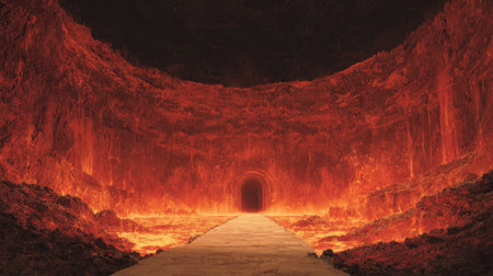 Flames dance in a massive cavern creating an otherworldly glow around a stone pathway leading to darkness.の素材