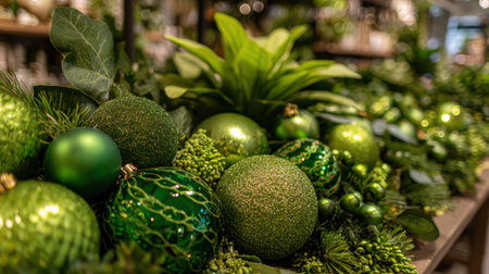 A variety of green ornaments and foliage are arranged in a cozy indoor space showing different textures and shades of green. This festive display creates a warm and inviting atmosphere.の素材