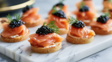 Savory appetizers feature slices of smoked salmon topped with caviar and fresh dill. These elegant bites are arranged neatly on a marble platter perfect for a gathering.の素材