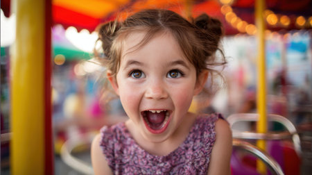 A young girl with a bright smile expresses her excitement at a lively carnival.の素材