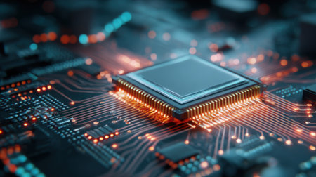 A microchip is shown on a detailed circuit board with glowing connections. The scene captures the intricate technology at work in a darkened lab filled with innovation.の素材