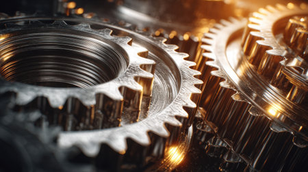 Metal gears interlock and reflect warm light in a close-up view showcasing their intricate designs. This scene emphasizes the beauty of machinery in an industrial environment.の素材