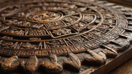 A detailed wood carving reveals ancient symbols and artistic craftsmanship celebrating cultural history.の素材