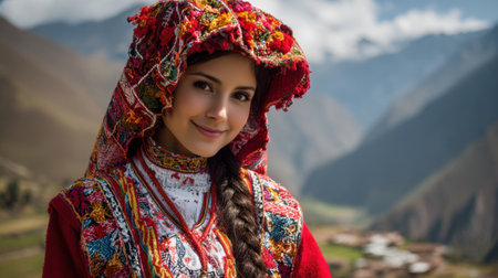 A joyful woman in colorful traditional dress stands in the Andes mountains showing her culture.の素材