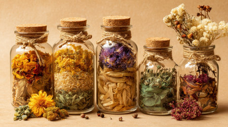 Five glass jars filled with vibrant dried flowers and herbs create a soothing atmosphere.の素材