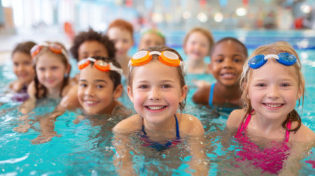 Kids laugh and splash in the clear water enjoying a fun swimming session in a bright pool.の素材