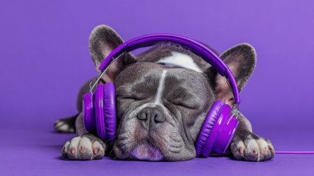 A sleepy dog with headphones rests comfortably on a bright purple surface embracing calm vibes.の素材