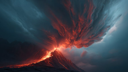 A volcanic eruption sends lava and ash high into the sky creating a powerful natural spectacle. The dramatic scene unfolds as dark clouds swirl illuminated by fiery red hues.の素材