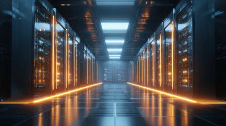 A futuristic corridor in a data center showcases rows of server racks illuminated by glowing orange lights. The atmosphere feels advanced and high-tech emphasizing modern technology.の素材