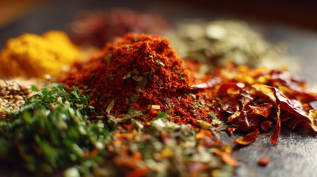 A vibrant display of various spices is scattered on a dark wooden surface. Colors range from deep red to bright yellow showing the beauty of culinary ingredients in a kitchen.の素材