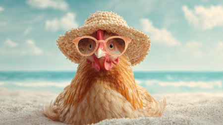 A chicken enjoys a sunny day at the beach adorned with stylish sunglasses and a straw hat with waves rolling in.の素材