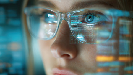 A young woman examines intricate data displays with a look of concentration in a tech savvy office.の素材