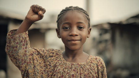 A smiling girl stands proudly with her fist raised symbolizing strength and positivity in her community.の素材