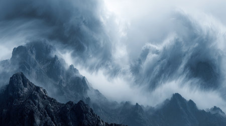 Dark dramatic clouds swirl above rugged mountain peaks as a storm begins to brew. The atmosphere conveys a sense of impending weather changes during the late afternoon.の素材
