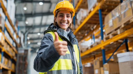 Warehouse worker wearing safety gear smiles and shows thumbs up in well organized storage space.の素材