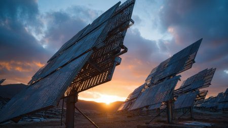 Golden sunlight reflects off solar panels positioned at a renewable energy site during sunset.の素材