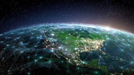 Earth illuminated by city lights from space highlighting major urban areas and network connections at night. A bright glow surrounds the planet creating a stunning view.の素材