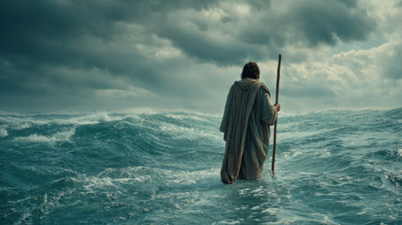 A figure in a robe strides through high waves under dark stormy clouds.の素材