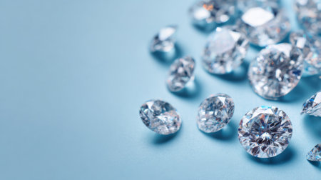 A collection of sparkling diamonds lies on a soft light blue background. Their faces reflect light beautifully emphasizing their clarity and brilliance creating an elegant display.の素材