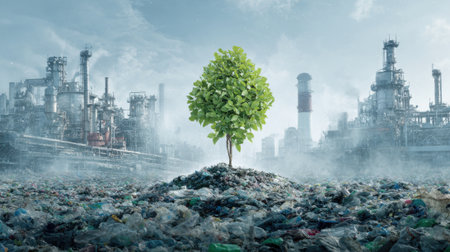 A small tree stands resilient on a mound of garbage surrounded by large factories emitting smoke.の素材