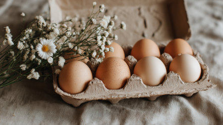 A carton holds eight fresh eggs ranging in color next to a small bouquet of white flowers on a light beige cloth. The scene is calm and inviting showcasing natural elements.の素材