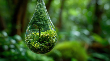 A delicate glass droplet hangs in a vibrant forest. Inside a tiny tree and lush green moss thrive symbolizing natures beauty and resilience. This scene captures the essence of tranquility.の素材