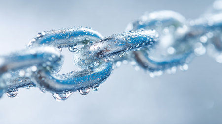 Metallic links of a chain covered in tiny water droplets create a striking visual against a blurred background showing the contrast of metal and water in natural light.の素材