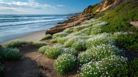 Soft white flowers blanket the sandy shoreline contrasting with the blue waves and sky. This coastal scene captures a serene moment by the sea during the afternoon.の素材