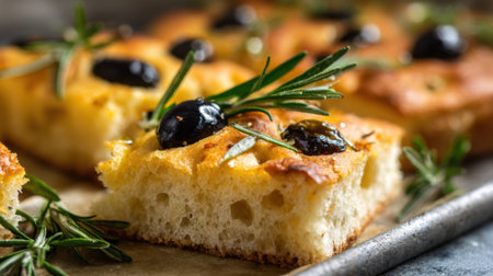 Soft focaccia bread is displayed on a baking tray. It is topped with black olives and fresh rosemary ready to be served as a delicious snack or appetizer.の素材