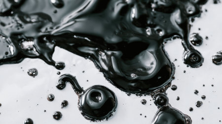A glossy black liquid moves freely on a white background creating a mix of splashes and droplets. The contrast highlights the fluids smooth texture and movement drawing the eye.の素材
