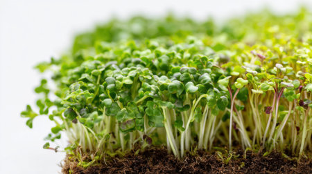 Tiny green plants thrive in a compact patch showing vibrant colors and healthy growth in a well-lit indoor garden. These microgreens promise fresh flavors for culinary dishes.の素材