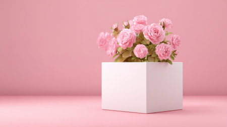 Delicate pink roses bloom in a white square vase set against a soft pink backdrop. This arrangement adds a touch of elegance and charm to the space perfect for decor.の素材