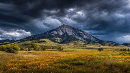 A vibrant field of yellow flowers stretches across the foreground leading up to a rugged mountain under dark stormy clouds. Nature shows its beauty and power.の素材