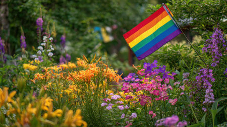 Amidst a lush garden filled with blooming flowers of various colors a rainbow flag stands tall symbolizing inclusivity and pride on a bright summer day.の素材