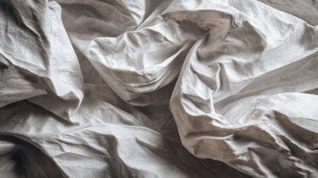 Soft wrinkled white fabric fills the scene with a tactile quality creating a cozy atmosphere in a well-lit indoor space. Sunlight enhances the textures inviting touch.の素材